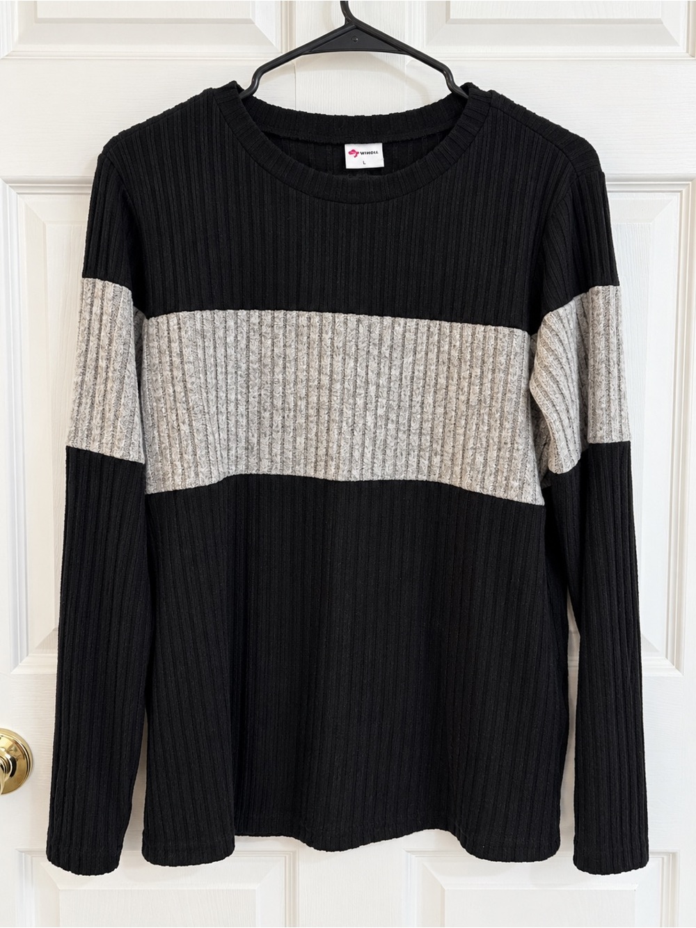 WIHOLL Black & Gray Colorblock Ribbed Long Sleeve Top – Size Large